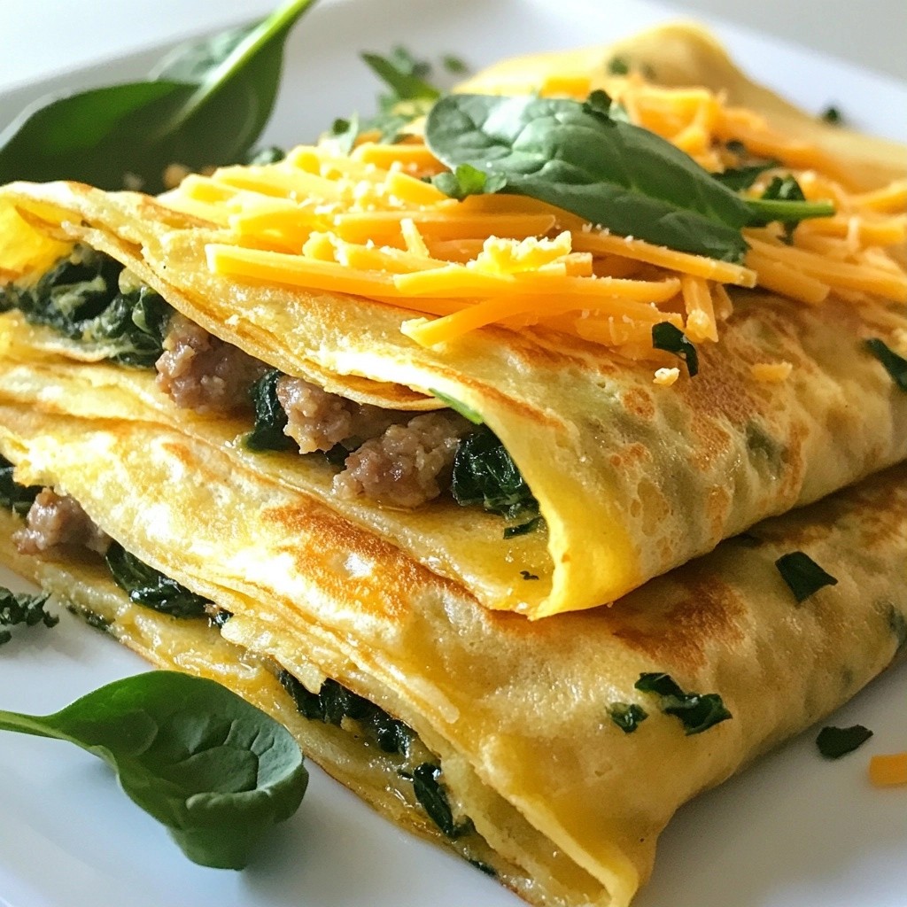 Cheesy Breakfast Spinach and Turkey Sausage Crepes Delight