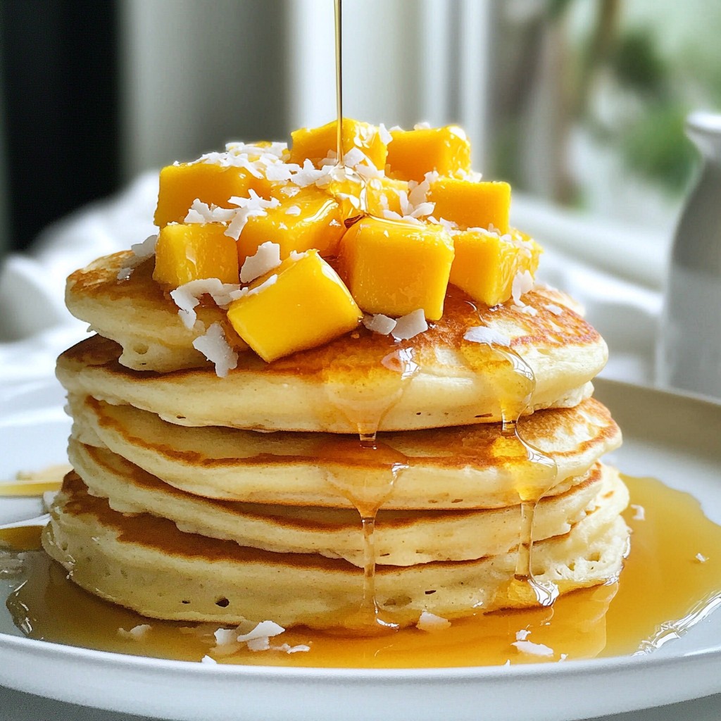 Fluffy Pancakes with Toasted Coconut and Mango Delight