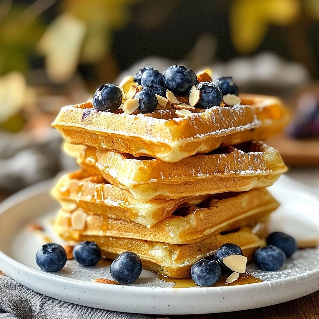 Fluffy Blueberry Almond Waffles with Honey Drizzle