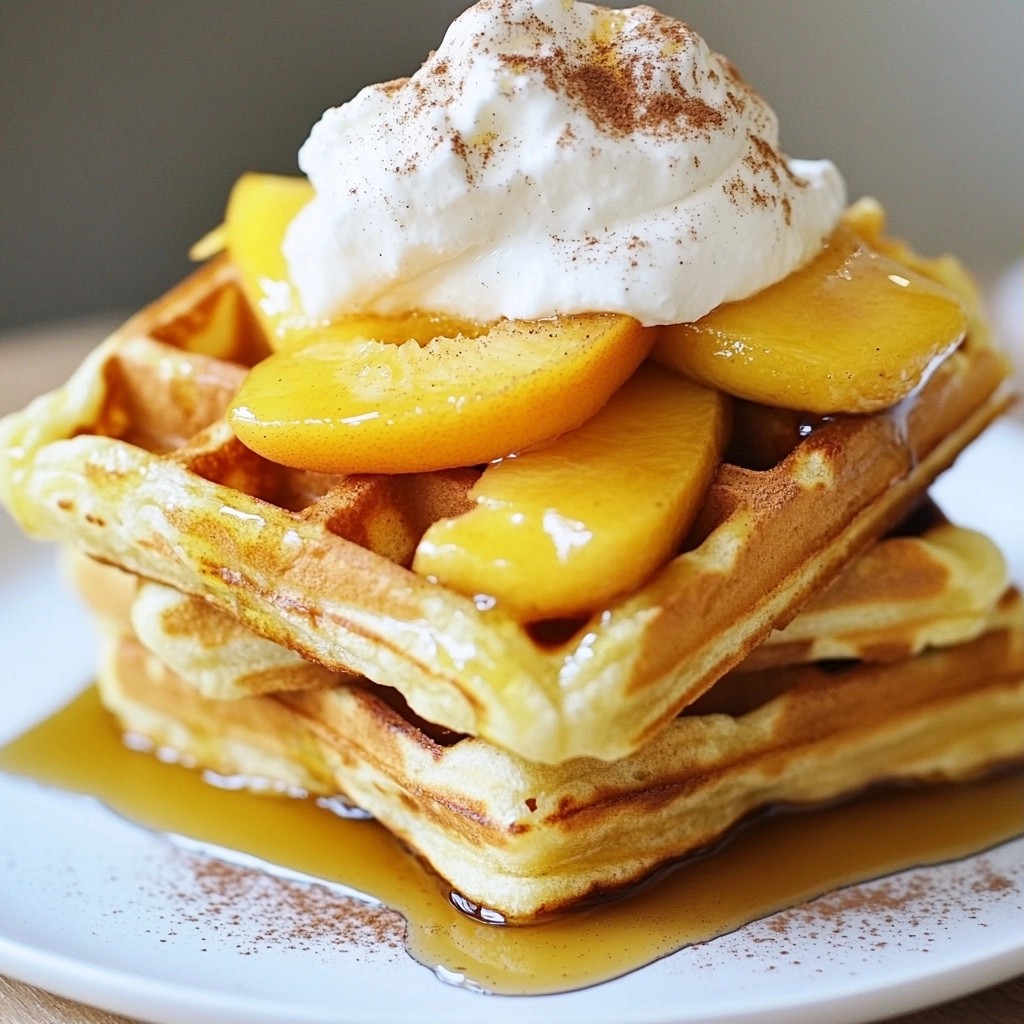 Crispy Buttermilk Waffles with Fresh Peaches Delight
