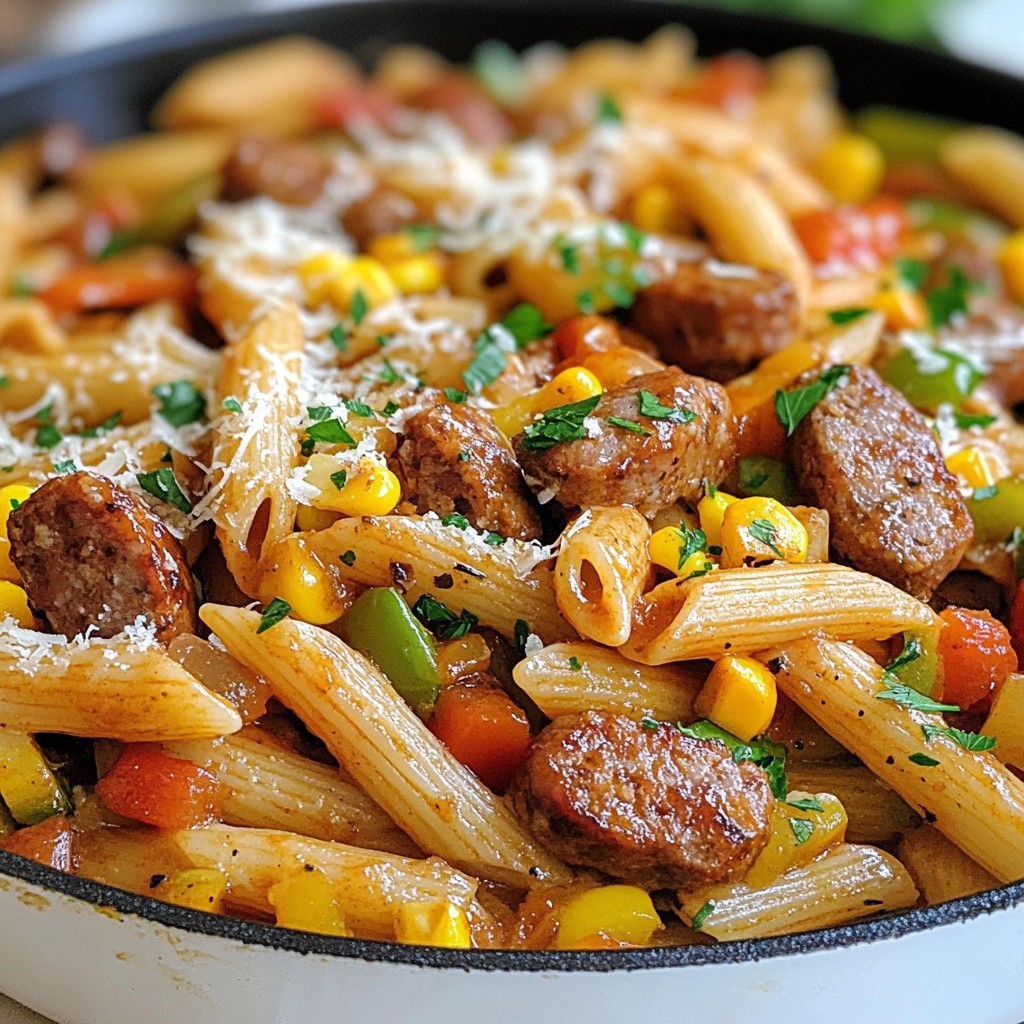 One Skillet Honey BBQ Sausage Pasta Delight